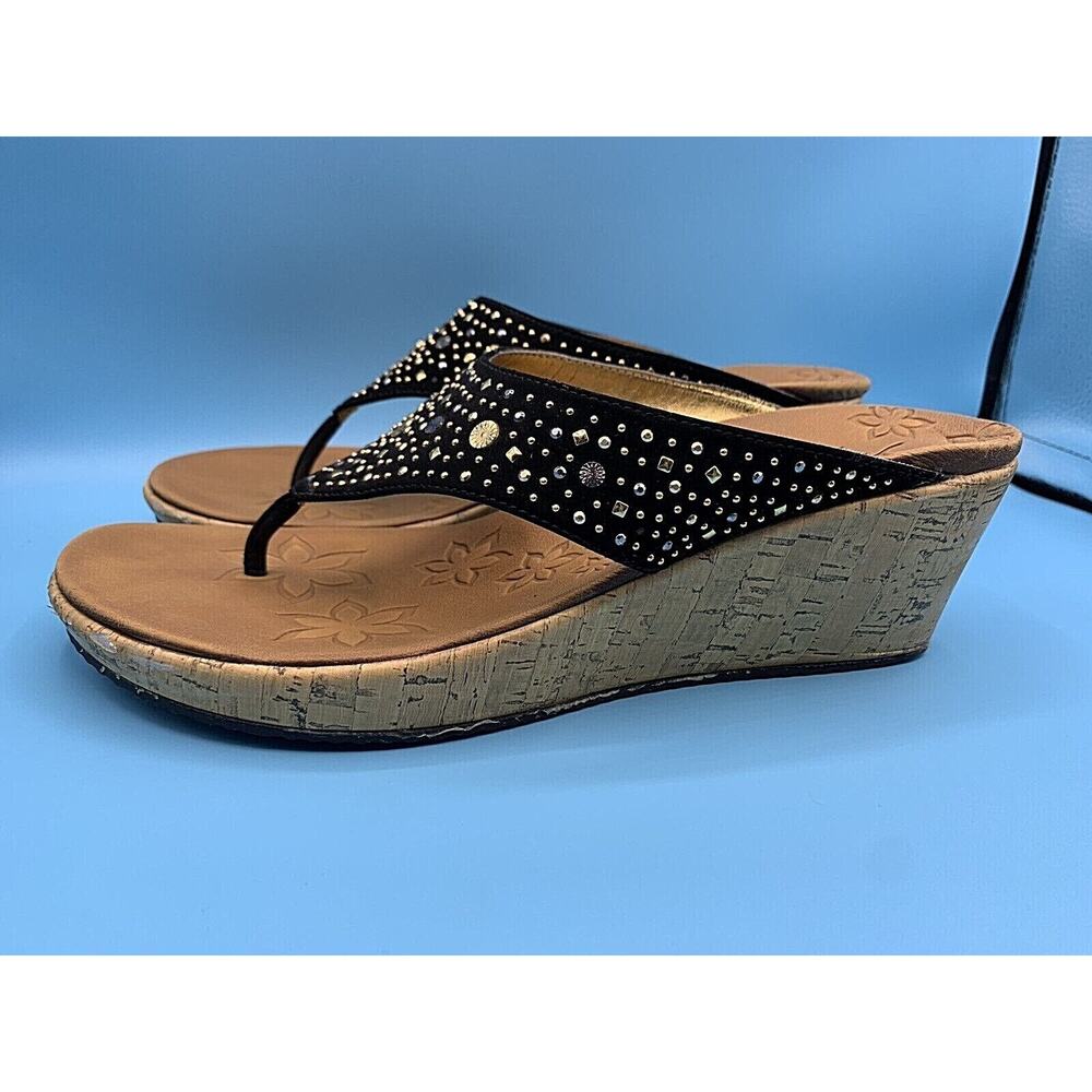 SKECHERS LUXE FOAM Black Bling Cork Wedge Heels Thong Sandals Women's Size 11